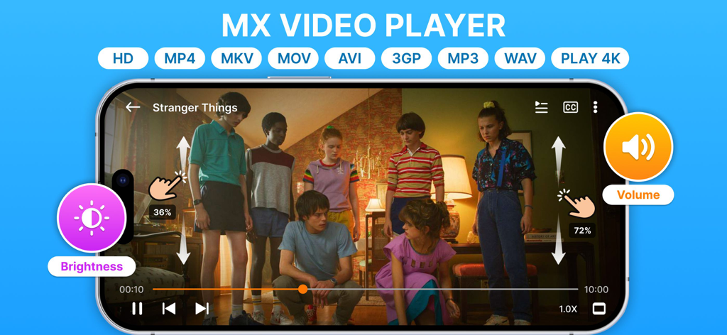 MX Player - Video Player - Interface of MX Video Player app showing brightness and volume gesture controls while playing a movie