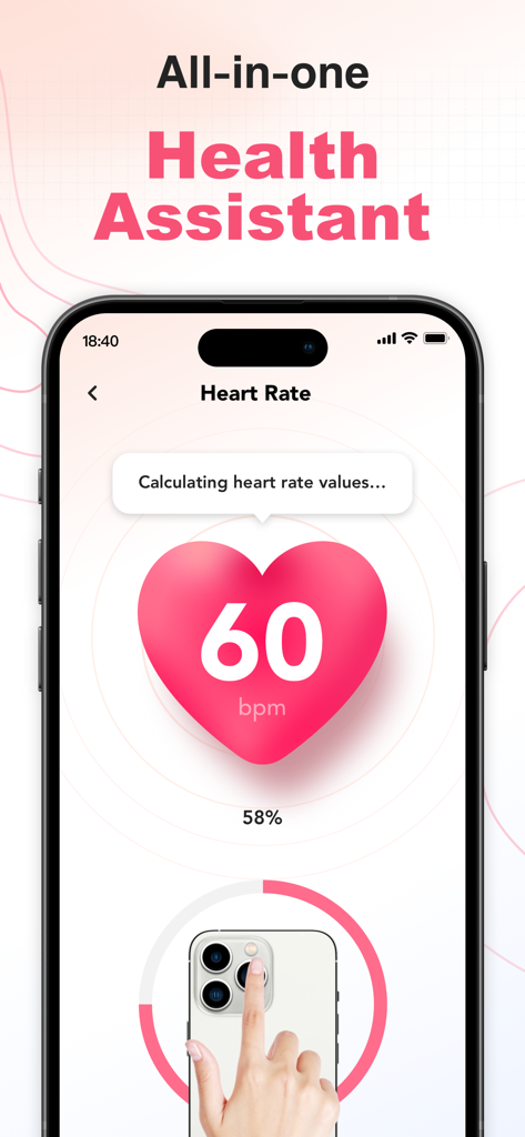 AuraFlow AI - Smart BP Tracker - Interfaz de la aplicación AuraFlow AI midiendo la frecuencia cardíaca en un iPhone con instrucciones para el sensor de la cámara