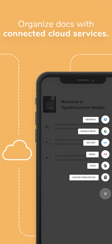 Interface mostrando opções de integração de armazenamento em nuvem para organizar documentos no OpenDocument Reader Pro