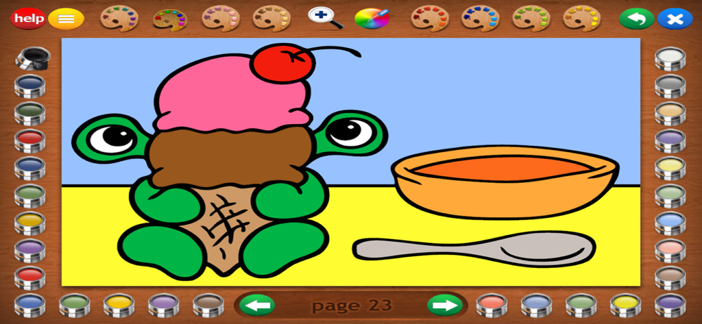A friendly green monster holding a large ice cream cone on a digital coloring book page