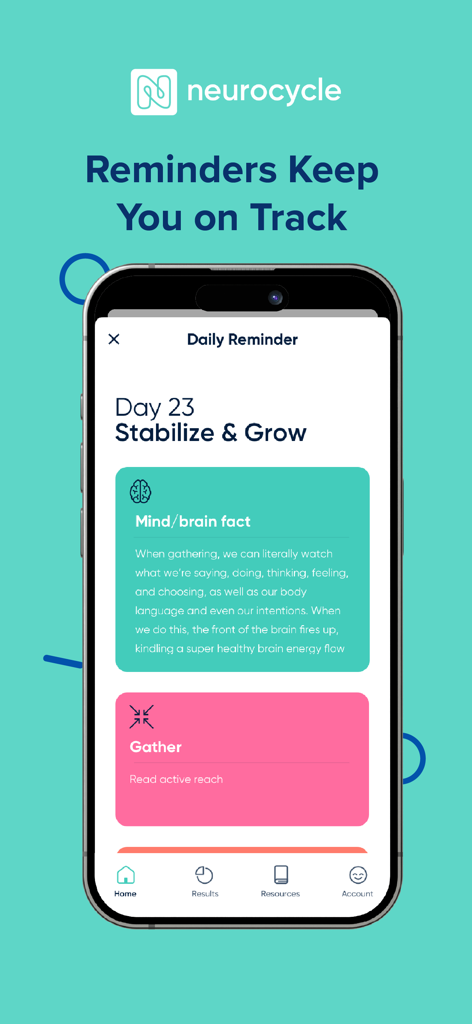 Neurocycle app daily reminder screen showing Day 23 progress with brain facts and cognitive exercises