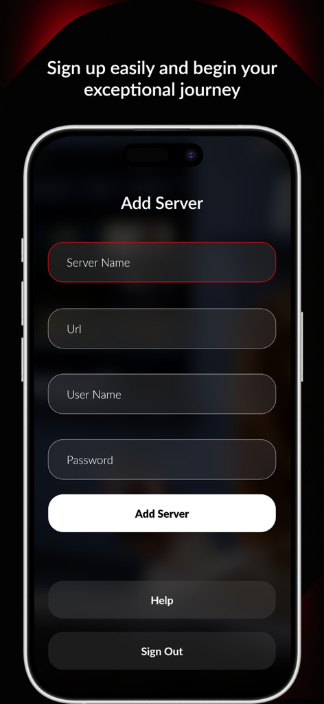 Add Server screen in the ORA IPTV Player app with fields for server name and URL
