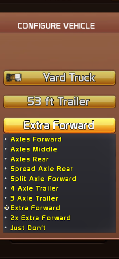 My U.S. Trucking Skills - Vehicle configuration screen for selecting truck and trailer types