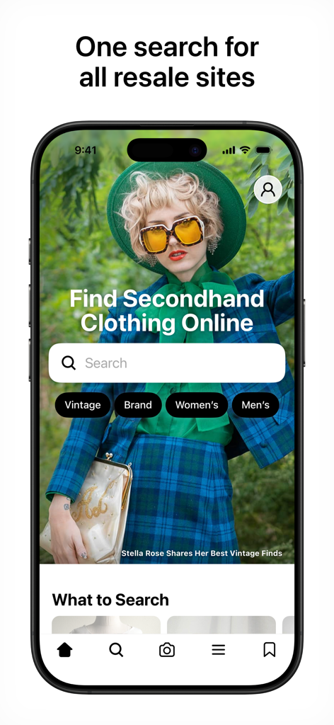 Gem - Search Vintage - Gem app home screen featuring a search bar for finding secondhand clothing across multiple resale platforms.