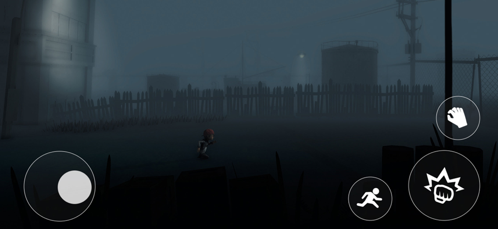 A small character running through a dark and foggy industrial level in the Nightmares Inside game