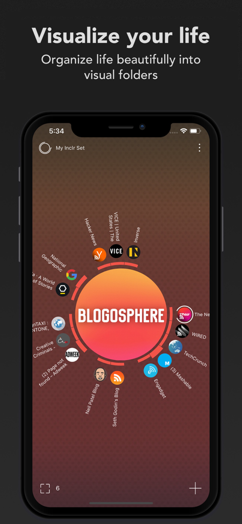 A circular mind map cluster in the Inclr app labeled Blogosphere with orbiting icons for various news and tech websites