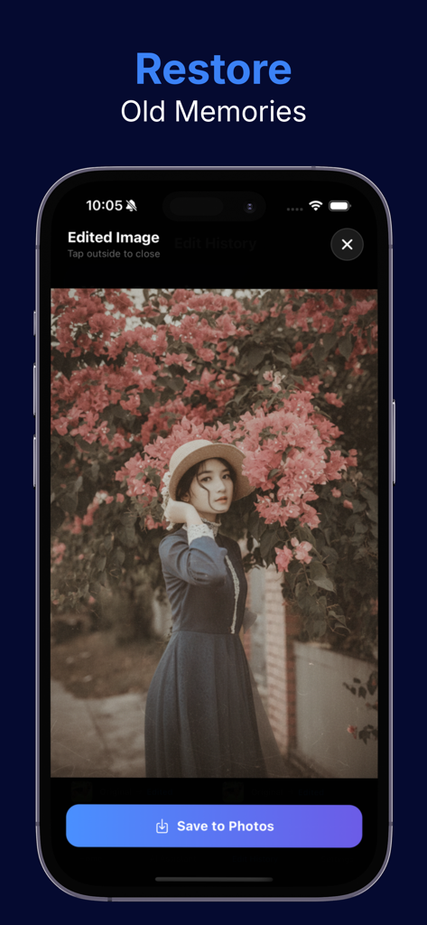 AI Photo Editor : Glowify AI - Interface of the Glowify AI app showing a restored vintage photo of a woman in front of flowers with a Save to Photos button.
