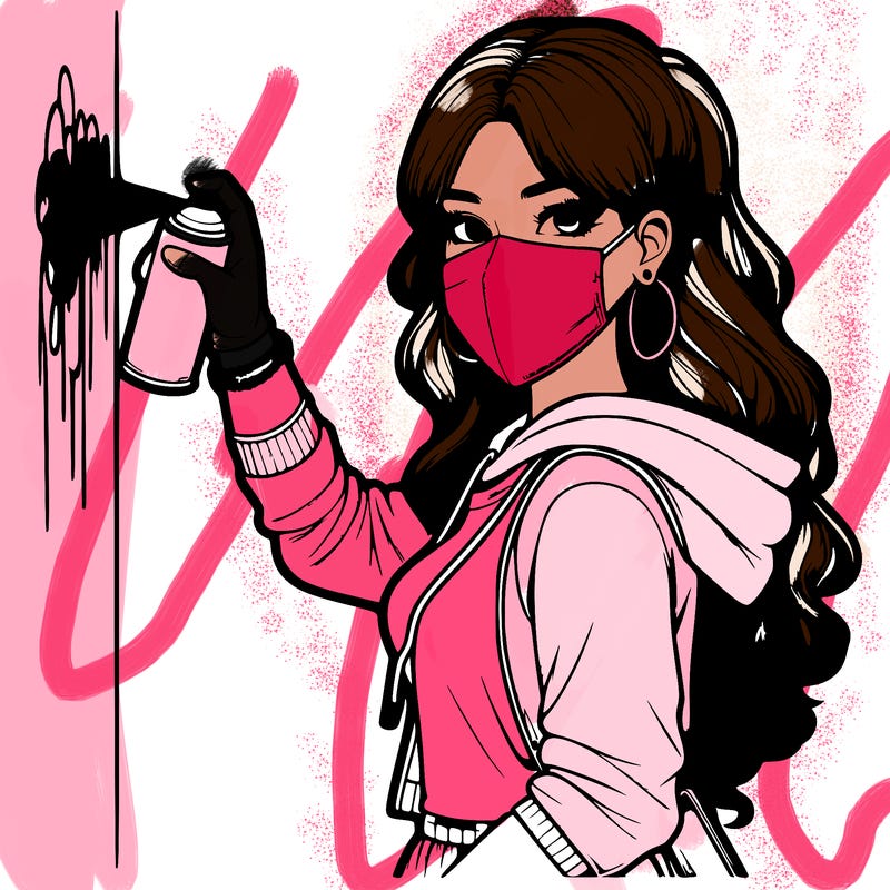 realistic girl with mask spray painting a wall