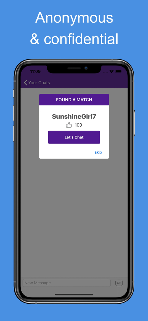 Vibe Chat: Video Chat Live - Ein Smartphone-Bildschirm zeigt eine Benachrichtigung über einen gefundenen Treffer in der Vibe Chat App mit einer Schaltfläche zum Starten eines Gesprächs.