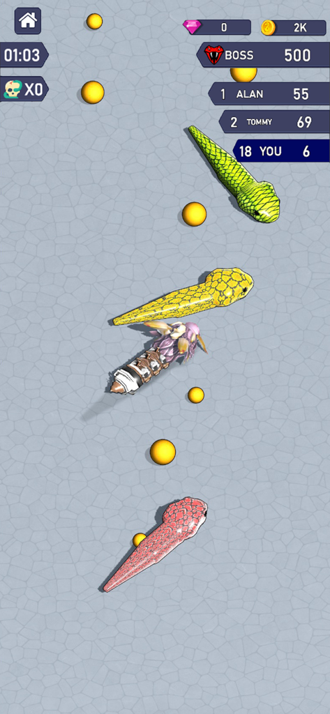 Hungry Flick Crawler Snake War - Serpientes coloridas compitiendo en una arena de batalla con una tabla de clasificación en tiempo real