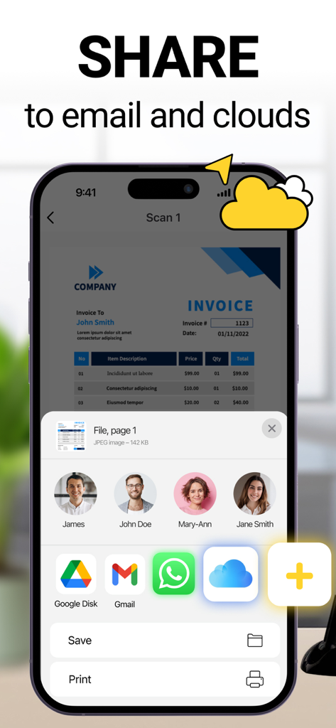 Photo to PDF Convert Scanner + - Interfaz de una aplicación móvil que muestra opciones para compartir una factura escaneada por correo electrónico y almacenamiento en la nube