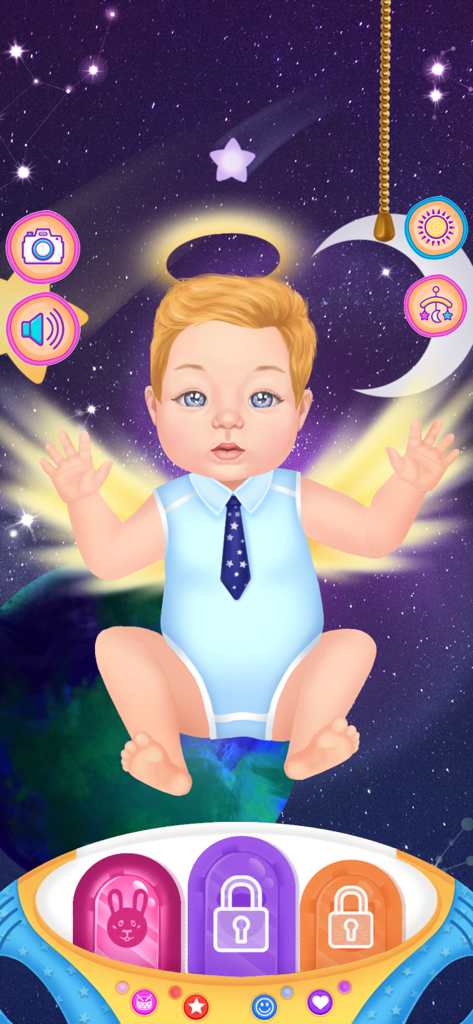 Baby Dress Up & Daycare Game 2 - Blonde baby doll in an angel costume with a halo and wings floating in a space-themed daycare game