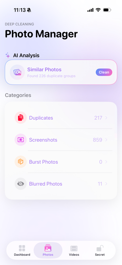 TidyLens - TidyLens app screen showing the photo manager with AI analysis for similar photos and categories for cleaning duplicates and screenshots