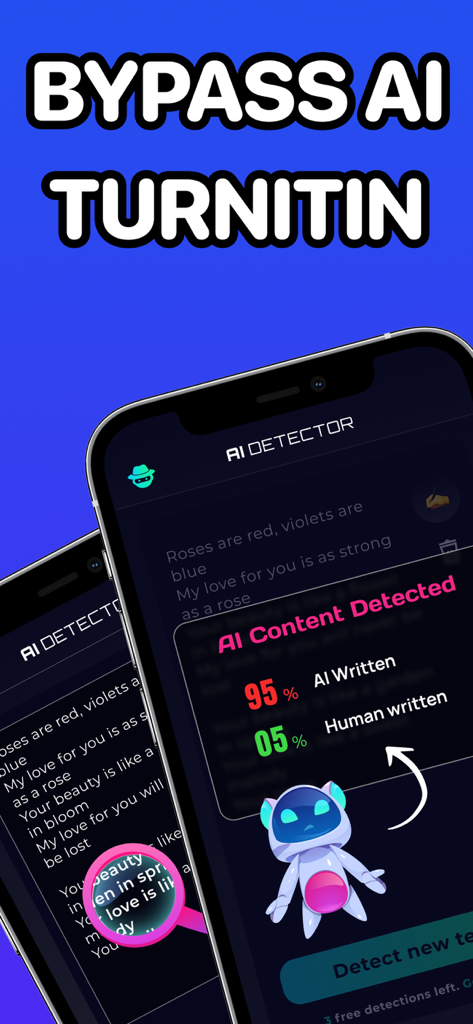 Interfaz de la aplicación BypassAI que muestra resultados de detección de contenido IA con una puntuación del 95 por ciento de escritura IA