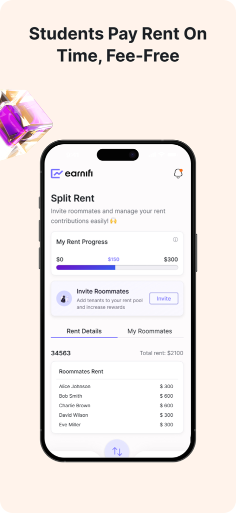 Earnifi: Rent, Early Pay, Cash - Earnifi app screen showing the split rent feature with roommate payment tracking and progress bar
