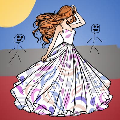 realistic woman with dress flowing in the wind