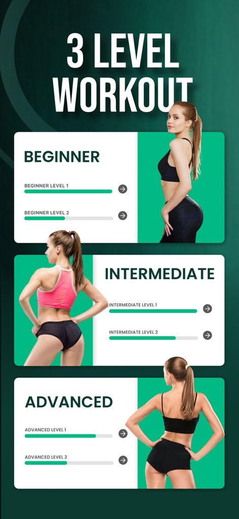 30 Day Butt Challenge Pro - Interface showing beginner intermediate and advanced fitness levels for a 30 day glute workout program