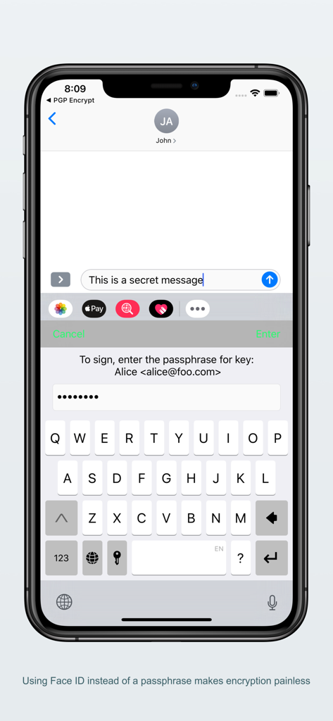 Pantalla de iPhone que muestra la extensión de teclado PGP Everywhere solicitando una frase de contraseña para firmar un mensaje cifrado.