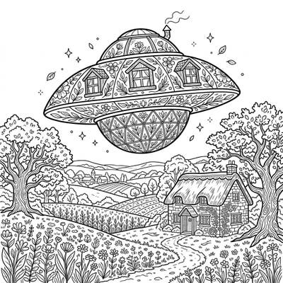Discover a unique blend of fantasy and charm with our intricate UFO cottagecore adult coloring page. This captivating design invites you to bring a whimsical alien visitor to life amidst a serene, rustic landscape.
