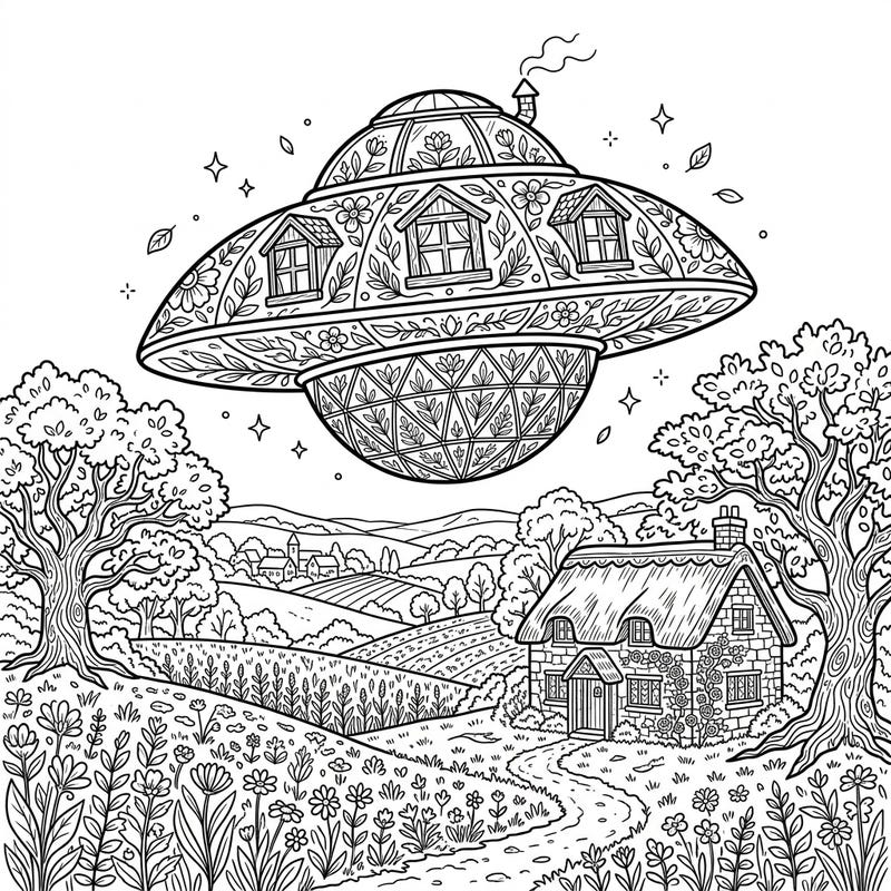 Discover a unique blend of fantasy and charm with our intricate UFO cottagecore adult coloring page. This captivating design invites you to bring a whimsical alien visitor to life amidst a serene, rustic landscape.