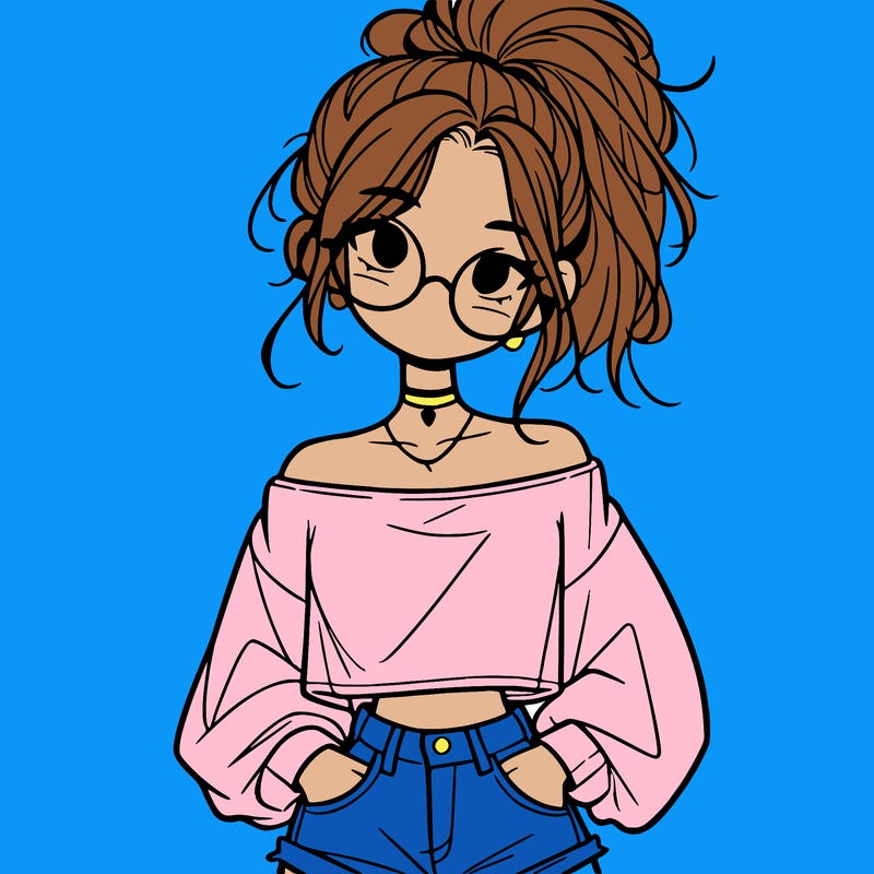 girl with a messy ponytail glasses a baggy crop top and jean shorts