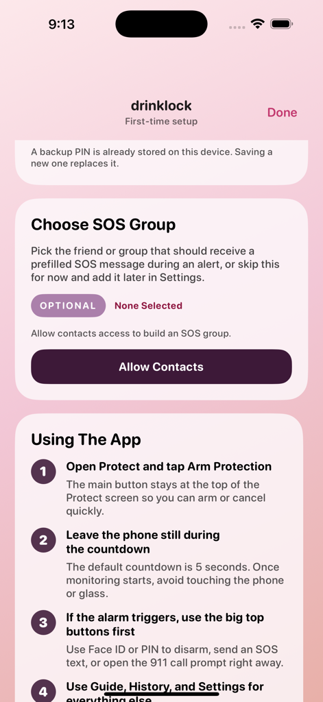 DrinkLock - DrinkLock app setup screen showing SOS group selection and how to use instructions