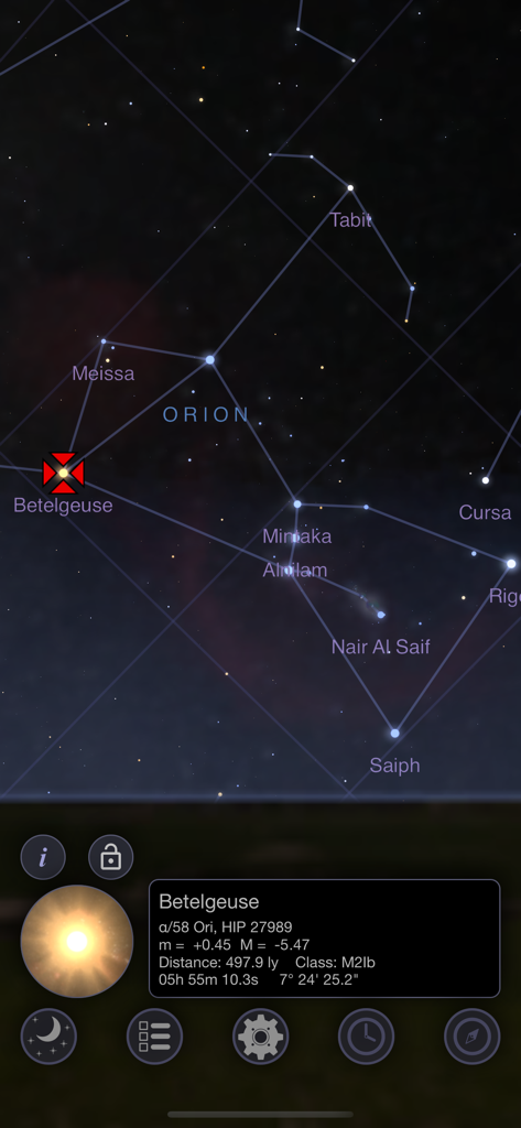 StarMap 3D - StarMap 3Dアプリのスクリーンショット。オリオン座と、星ベテルギウスの詳細情報パネルを表示しています。