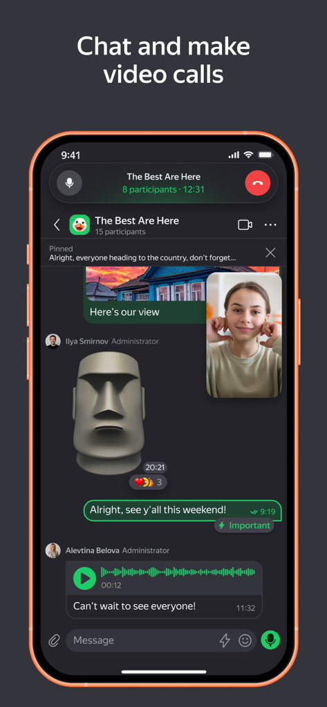 Yandex Telemost - Yandex Telemost mobile app interface showing a group chat with images, voice messages, and a picture-in-picture video call.