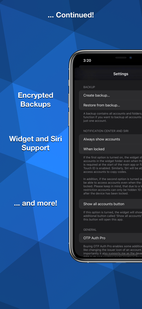 OTP Auth - OTP Auth app settings interface showcasing encrypted backups and Siri integration on an iPhone