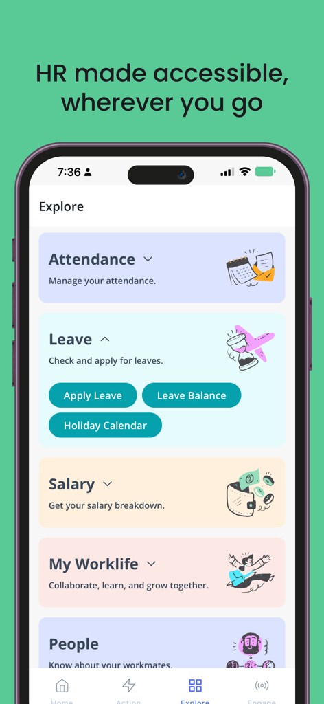 greytHR - the one-stop HR App - Schermata di esplorazione dell'app mobile greytHR che mostra i moduli per la gestione delle ferie e delle presenze e i dettagli salariali