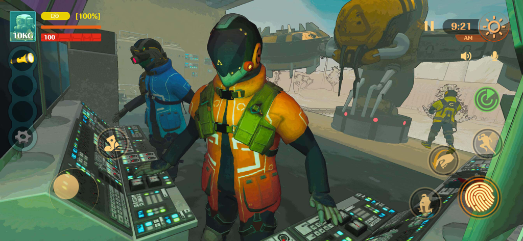 MIMESIS: Deceive or Die - Zwei Spieler in futuristischen Anzügen arbeiten an einer Steuereinheit im Inneren eines Raumschiffs auf einem verlassenen Planeten in MIMESIS Deceive or Die.