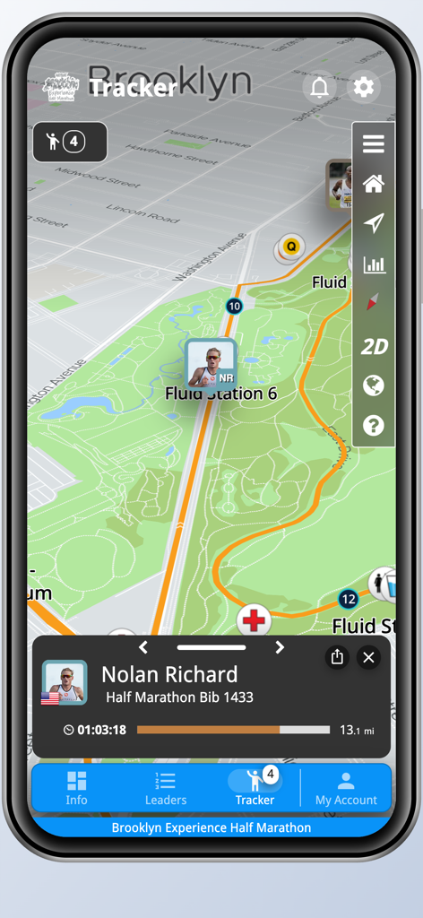 Brooklyn Experience Half - Live runner tracking interface on the Brooklyn Experience Half marathon app map
