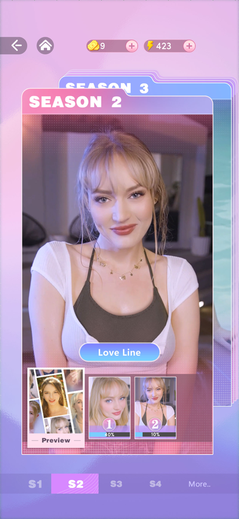 Selection screen for Season 2 in the Love Choice interactive game with a featured blonde woman