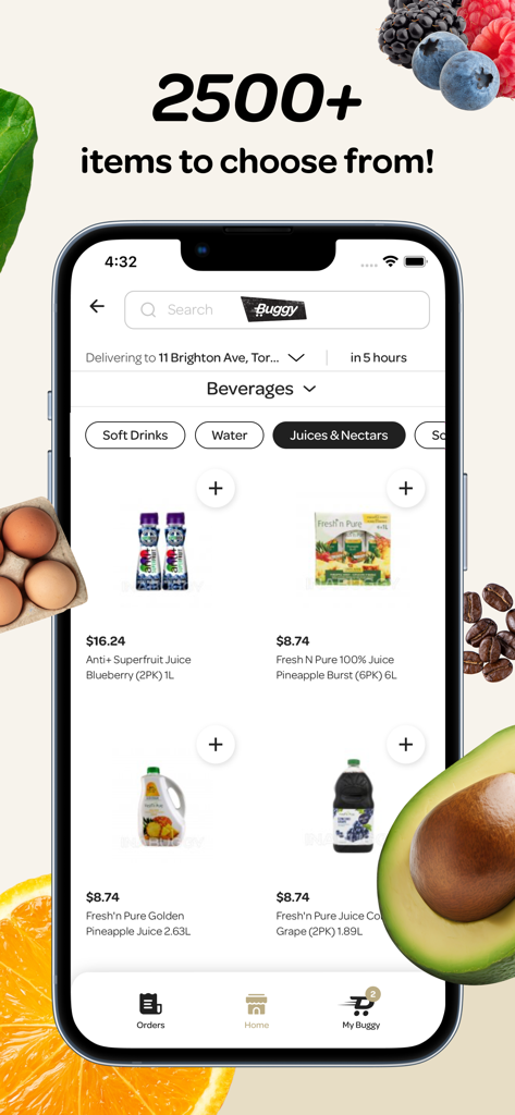 Buggy - Buggy app interface showing a large selection of grocery items and beverages with the text 2500 plus items to choose from.