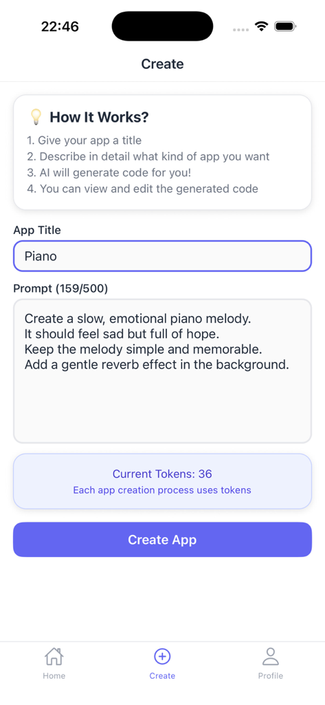 Neyse - The create screen of Neyse app showing an AI prompt to build a piano application