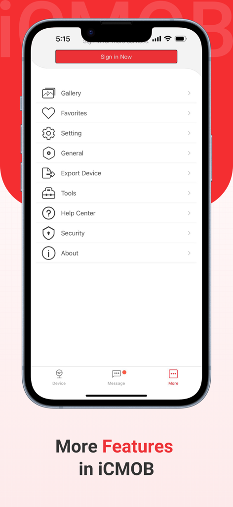iCMOB - iCMOB surveillance app menu showing options like gallery settings and tools on an iPhone screen