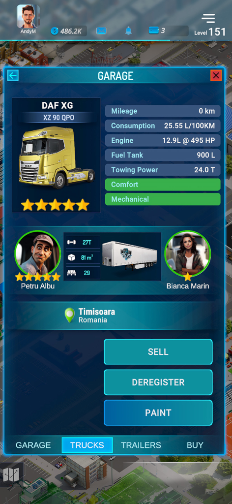 Virtual Truck Manager 3 garage dashboard showing truck technical specifications and driver details
