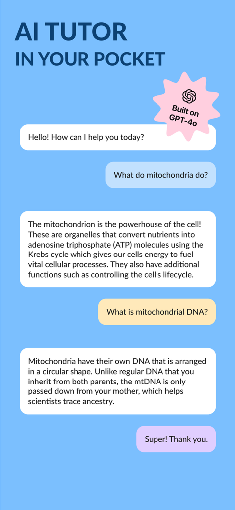 Interfaz de chat de la aplicación Solver AI mostrando a un tutor IA respondiendo preguntas de biología sobre mitocondrias y ADN.