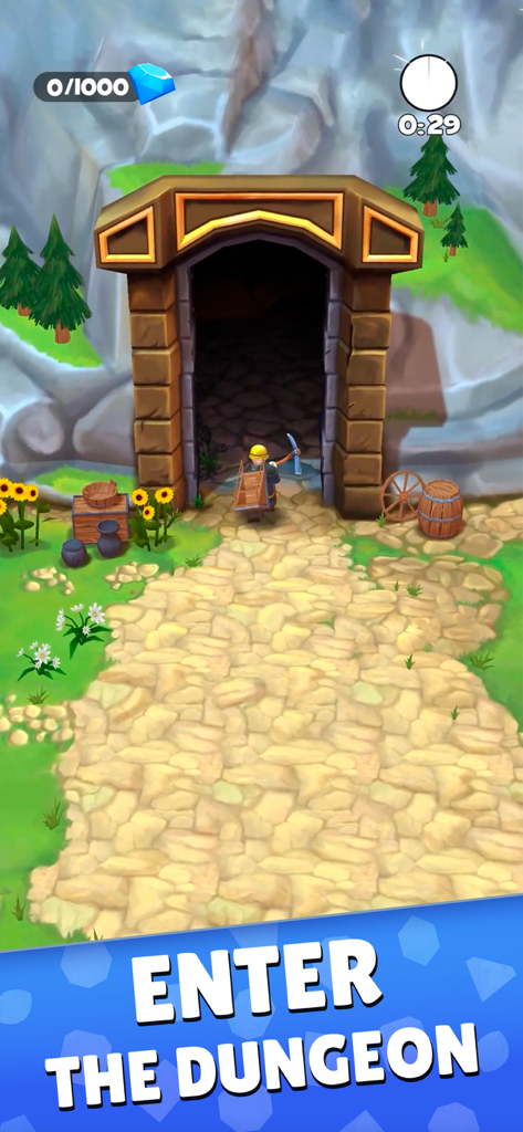 Mine & Slash: Arcade RPG Games - A hero miner with a pickaxe entering a stone dungeon archway in Mine and Slash RPG