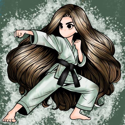 realistic girl with six feet of hair doing karate in a fighting stance with a serious face