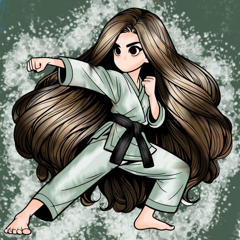 realistic girl with six feet of hair doing karate in a fighting stance with a serious face