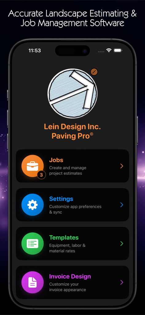 Paving Estimator - The main menu of the Paving Estimator app showing options for jobs settings templates and invoice design