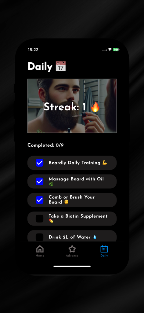 Beardly - Grow a Beard - Beardlyアプリのインターフェースに、毎日のグルーミング習慣と成長の連続記録が表示されています