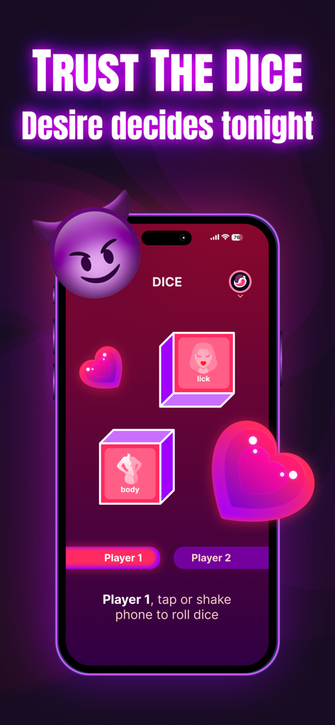 Love roulette - couple - Écran d'application pour couple montrant une fonctionnalité de dés ludique pour l'intimité physique avec des graphismes néon violets et des cœurs