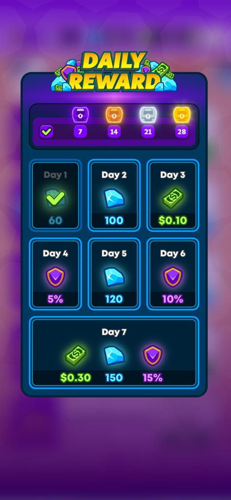 Pool - Win Cash - Daily reward screen for Pool - Win Cash showing weekly login bonuses like cash prizes, gems, and boosts.