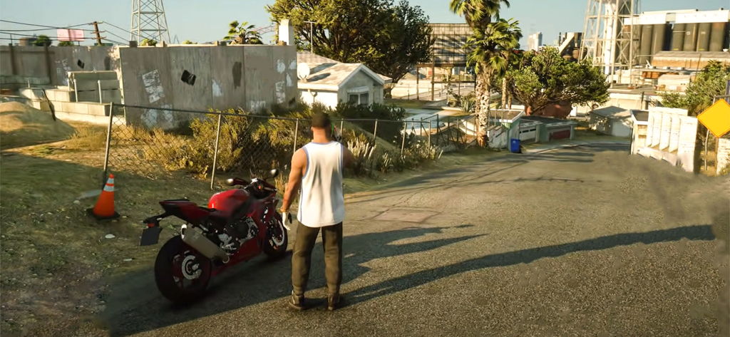 Street Gangster Crime City War - Character standing next to a red sports motorcycle in an urban street setting