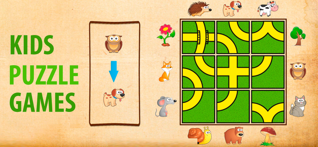 Toddler puzzle game for kids - A logic puzzle game for kids where players connect yellow roads to link cartoon animals