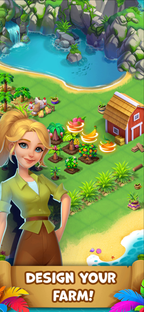 Tropical Merge - A female character standing in front of a tropical farm with a red barn and fruit trees.