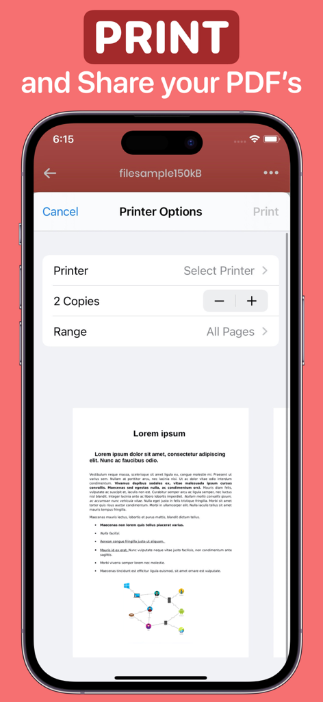 PDF Editor : Document Reader - iPhone screen displaying printer settings and a document preview within the PDF Editor app