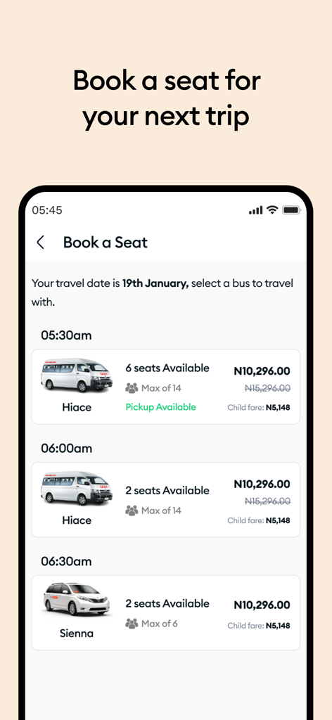 Mobile interface of GIG Mobility app for booking bus seats with times and prices